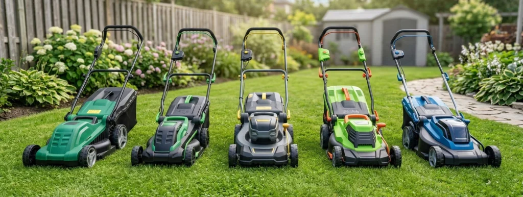 5 accu grasmaaiers op een rij