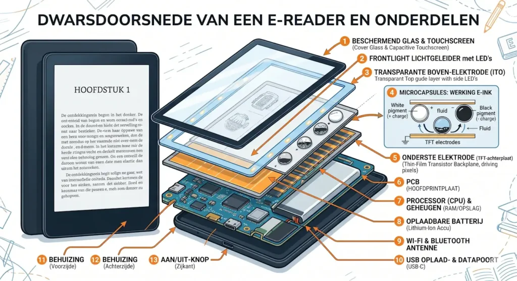Dwarsdoornede van een E-reader en onderdelen