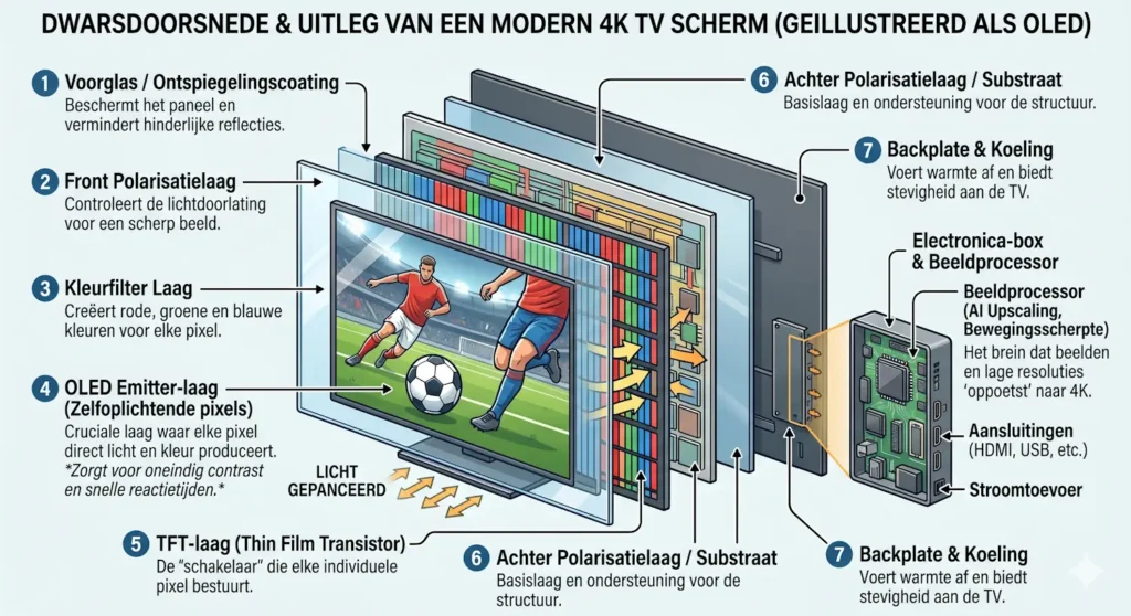 Dwarsdoorsnede van een WK 4K TV. Met een uitleg bij iedere laag