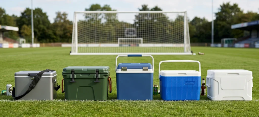 1. Gevulde koelbox met 24 blikjes bier, 2. Stevige PU-schuim isolatiewand koelbox, 3. Gebroken handvat van een budget koelbox   