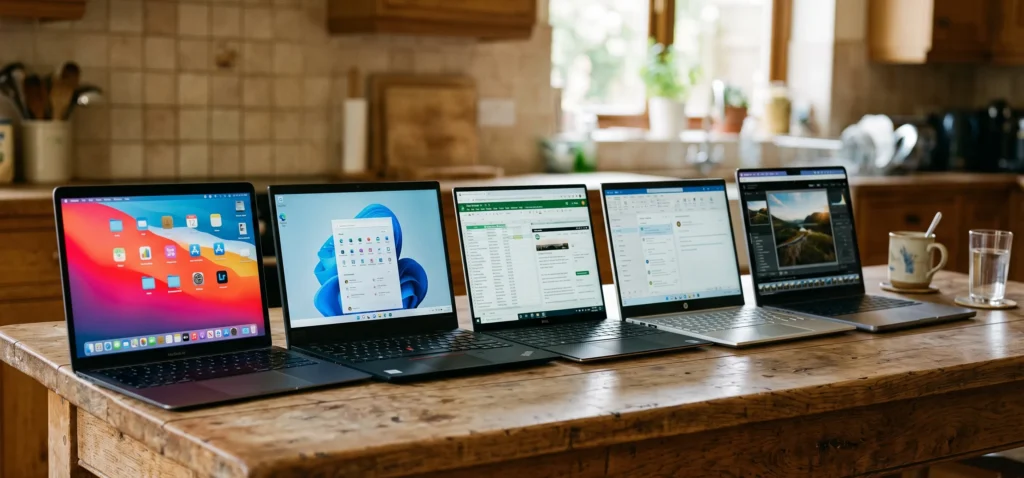5 laptops (17 inch) op een rij